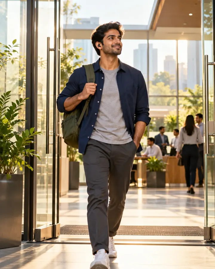 Ravi arriving at his office after walking to work